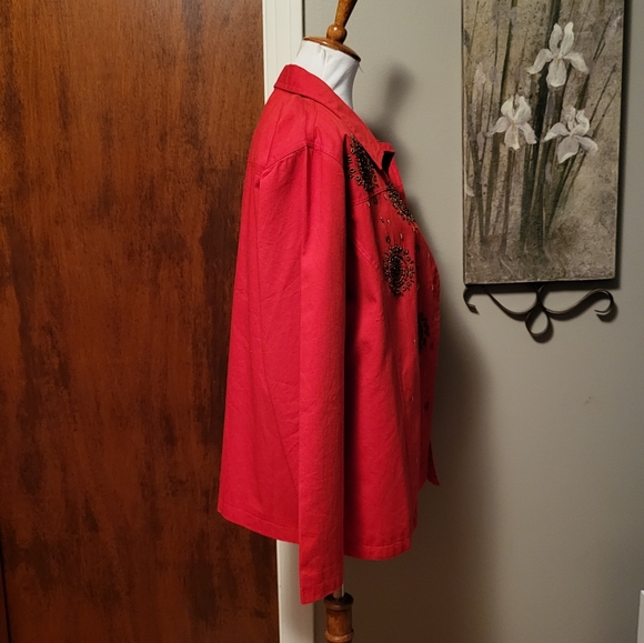 Quacker Factory Red Button Up Jacket Beaded Medium - Picture 3 of 5